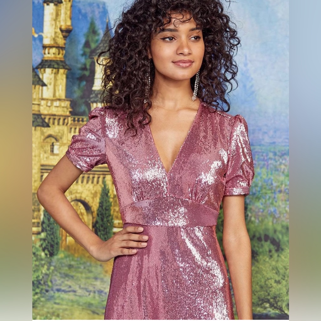 Hvn Paula Deep V Neck Sequin Puff Sleeve Midi Dress Pink — image 6 of 8